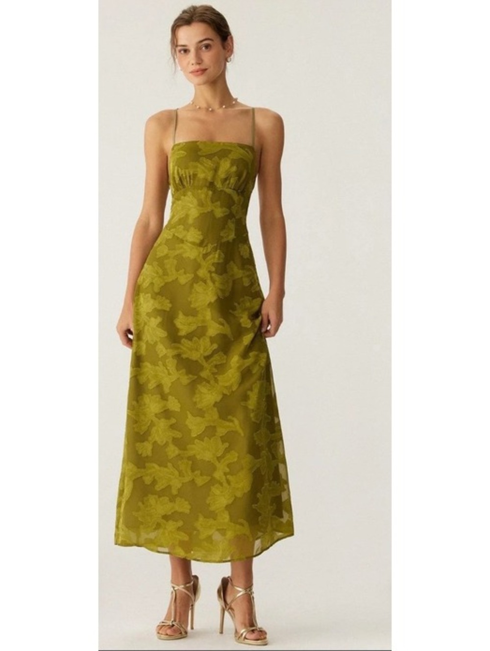 Rihoas Olive Green Floral Midi Dress with Spaghetti Straps Lace-Up Back Size L